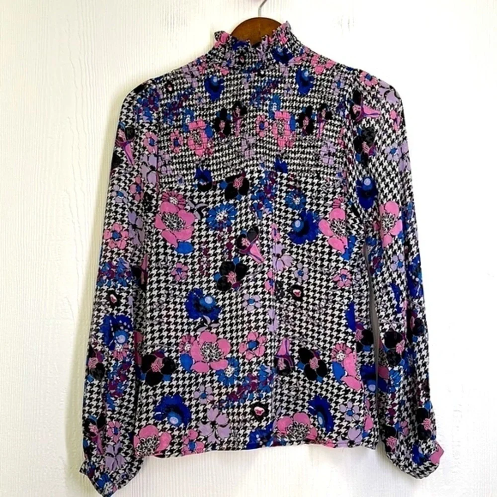 Guess - Colorful Floral Printed Mock Neck Long Sleeve Blouse Size Small